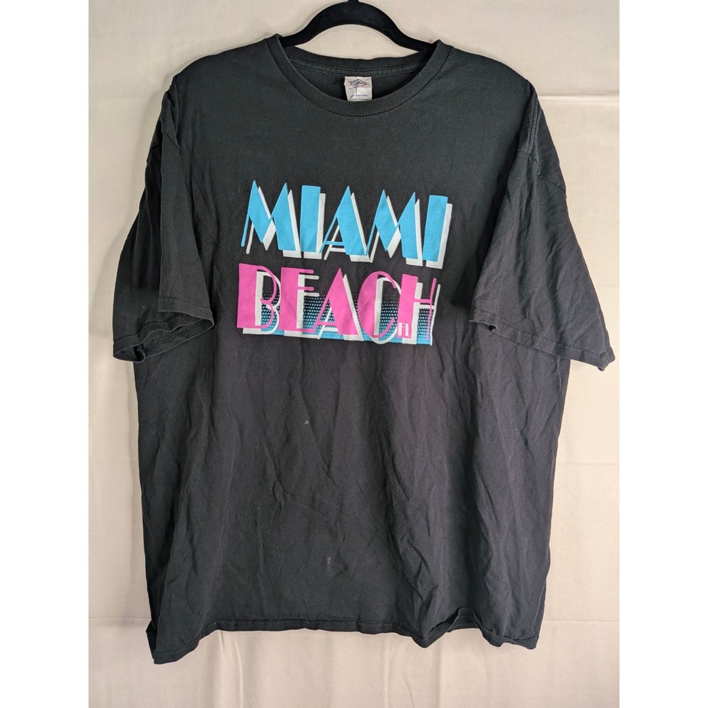 Vintage 90s Y2K Miami Beach Graphic T-Shirt Black 2XL Souvenir 100% Cotton